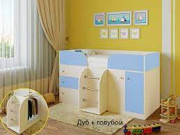 Кровать-чердак Малыш-4 Дуб молочный/Голубой в Зеленогорске - zelenogorsk.katalogmebeli.com | фото